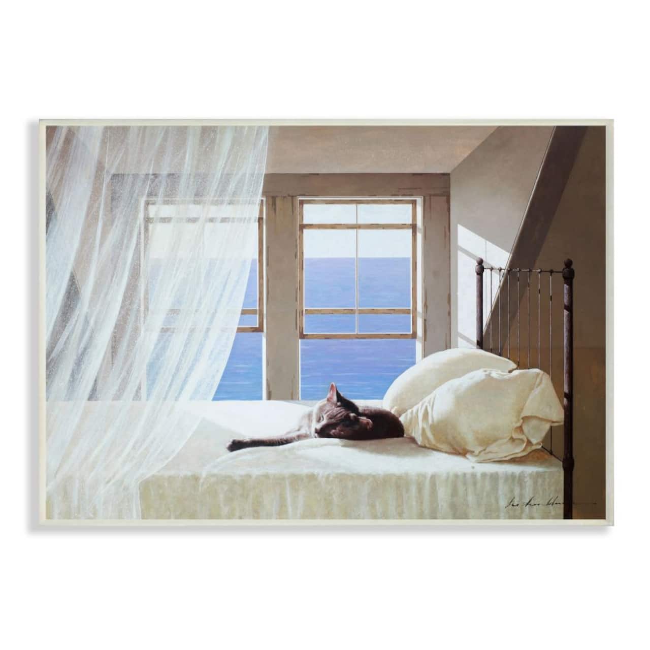 Stupell Industries Cat Resting on White Oceanside Bed Wall Plaque